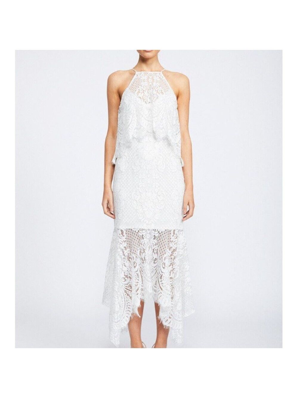 *Shona Joy Lace High Neck Handkerchief Dress Ivory NWT US 2